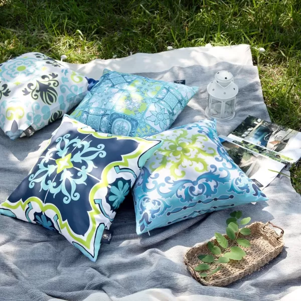 imagePhantoscope Set of 4 Outdoor Waterproof Throw Pillow CoversGeometric Decorative Boho Farmhouse Outdoor Pillows Cushion Case for Home Patio Furnitures Tent Sunbrella Blue and Green 18x18 InchesNavyBlueGreen