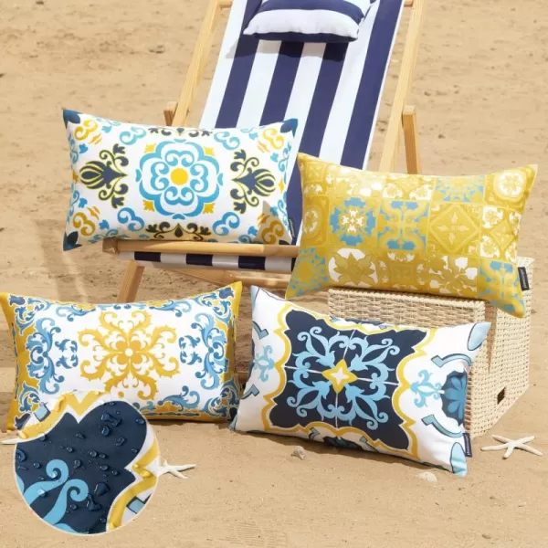 imagePhantoscope Set of 4 Outdoor Waterproof Throw Pillow CoversGeometric Decorative Boho Farmhouse Outdoor Pillows Cushion Case for Home Patio Furnitures Tent Sunbrella Blue and Green 18x18 InchesNavyBlueYellow