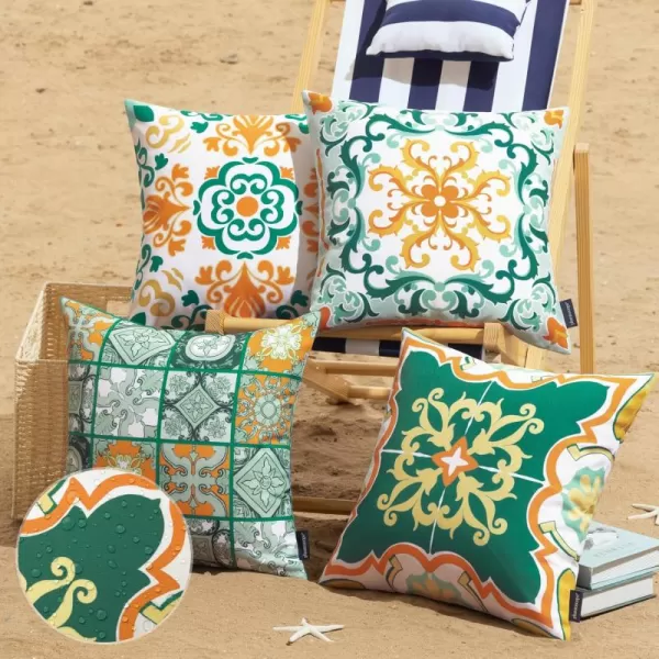 imagePhantoscope Set of 4 Outdoor Waterproof Throw Pillow CoversGeometric Decorative Boho Farmhouse Outdoor Pillows Cushion Case for Home Patio Furnitures Tent Sunbrella Blue and Green 18x18 InchesTurquoiseOrange