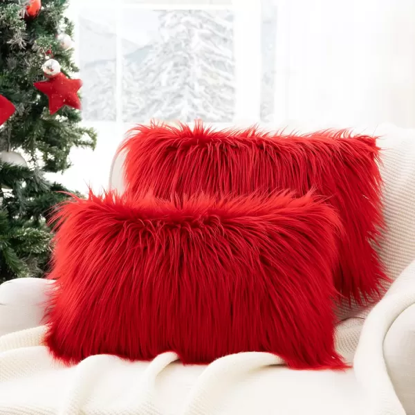 imagePhantoscope Pack of 2 Christmas Faux Fur Throw Pillow Covers Cushion Covers Luxury Soft Decorative Pillowcase Fuzzy Pillow Covers for BedCouch Deep Green 18 x 18 InchesRed