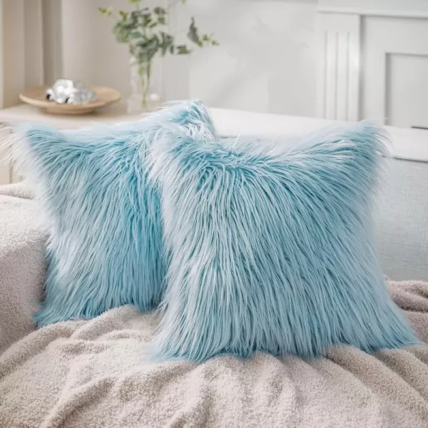 imagePhantoscope Pack of 2 Christmas Faux Fur Throw Pillow Covers Cushion Covers Luxury Soft Decorative Pillowcase Fuzzy Pillow Covers for BedCouch Deep Green 18 x 18 InchesLight Blue