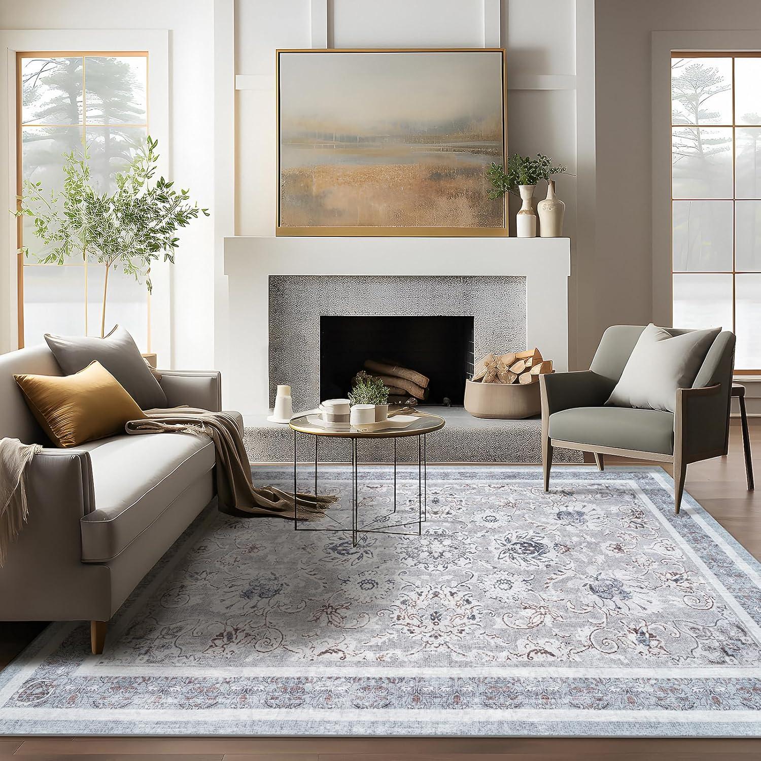 imagePhantoscope Vintage Collection Area Rug 6x9  Washable Rug Boho Rugs NonSlip for Living Room Bedroom Dining Room Dorm Indoor LowPile Carpet Distressed Accent Rug BlueWhiteLight GreyNeutral