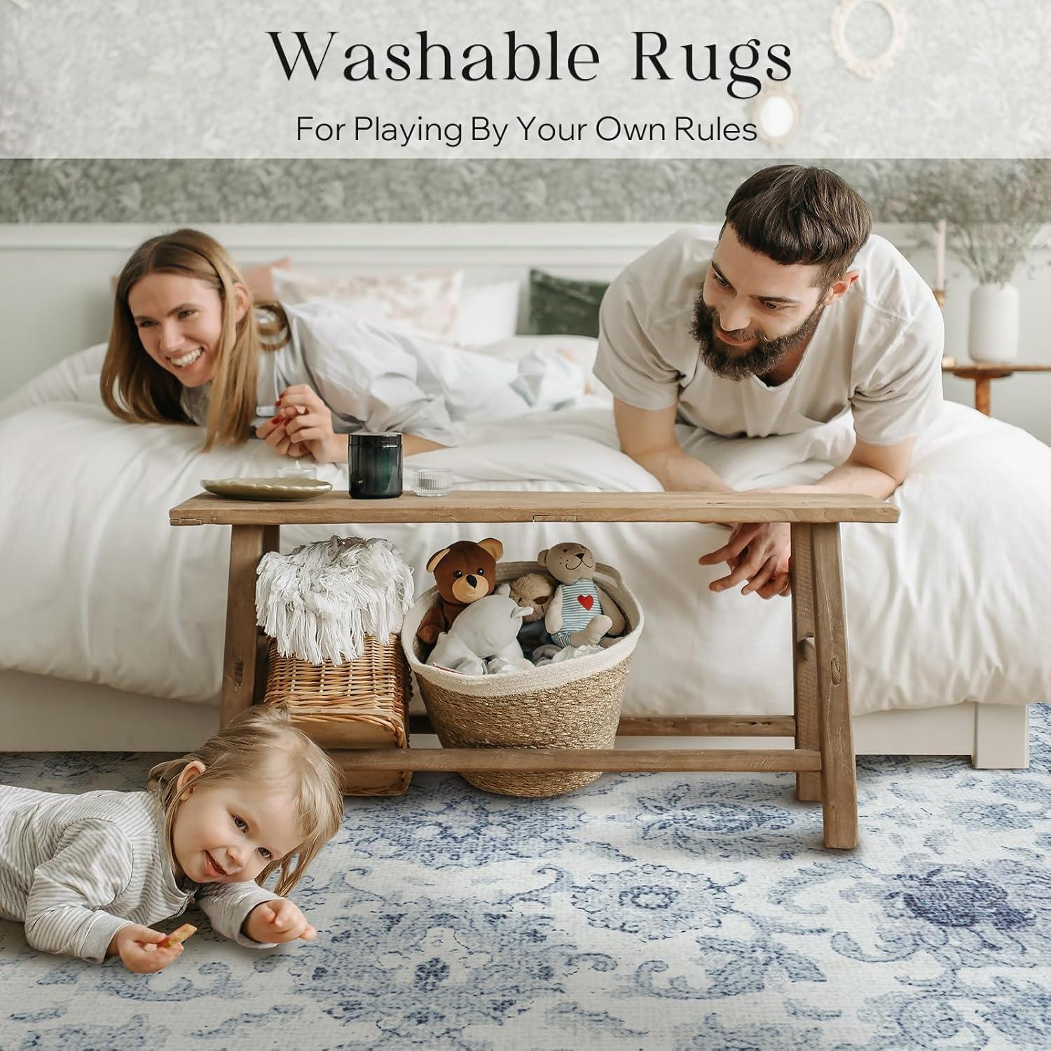 imagePhantoscope Vintage Collection Area Rug 6x9  Washable Rug Boho Rugs NonSlip for Living Room Bedroom Dining Room Dorm Indoor LowPile Carpet Distressed Accent Rug BlueWhiteBlueWhite