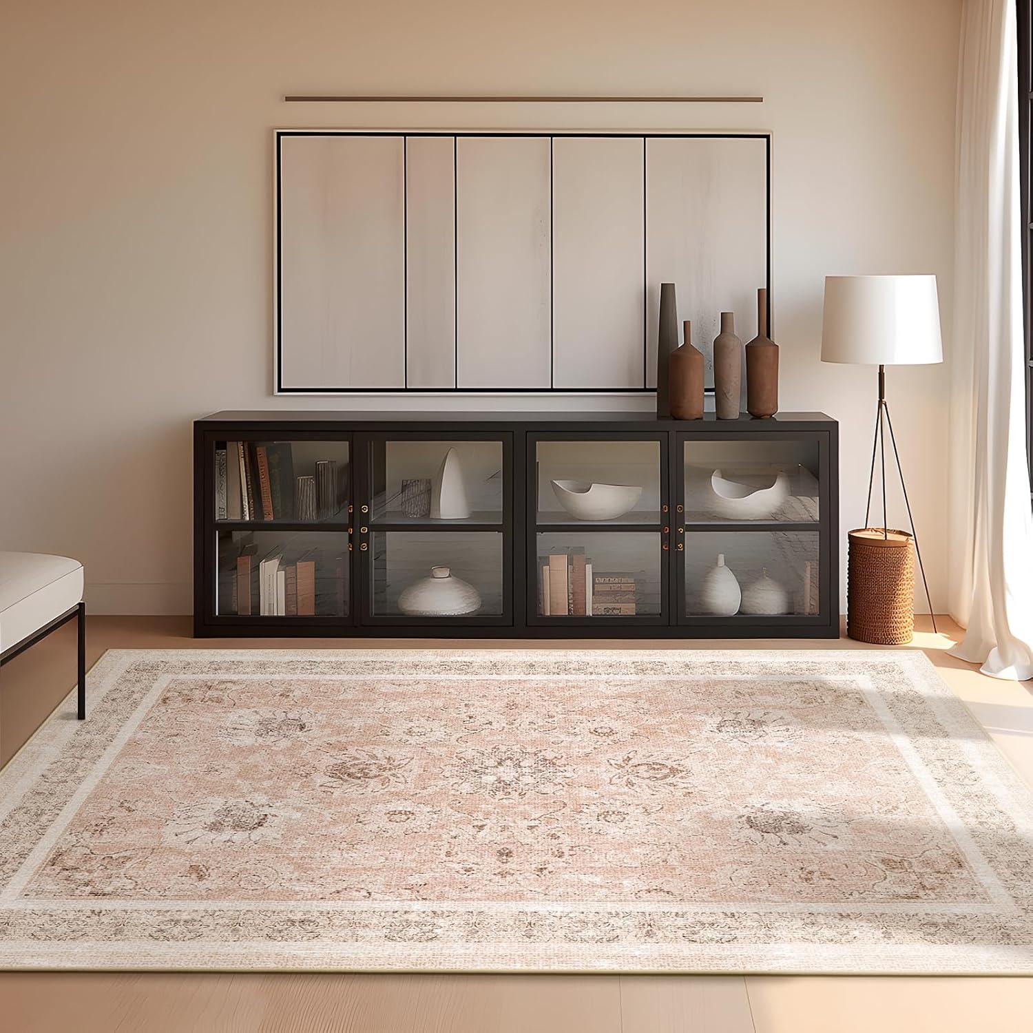 imagePhantoscope Vintage Collection Area Rug 6x9  Washable Rug Boho Rugs NonSlip for Living Room Bedroom Dining Room Dorm Indoor LowPile Carpet Distressed Accent Rug BlueWhiteSoft Pink  Beige