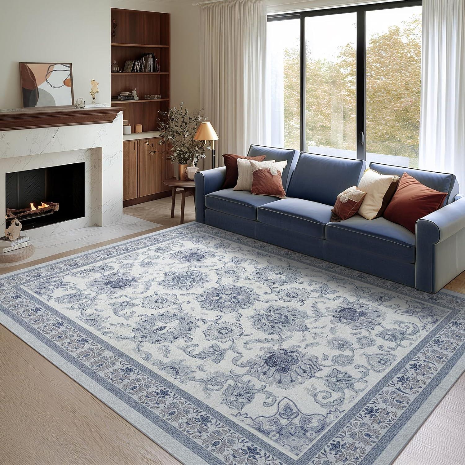imagePhantoscope Vintage Collection Area Rug 6x9  Washable Rug Boho Rugs NonSlip for Living Room Bedroom Dining Room Dorm Indoor LowPile Carpet Distressed Accent Rug BlueWhiteBlueWhite