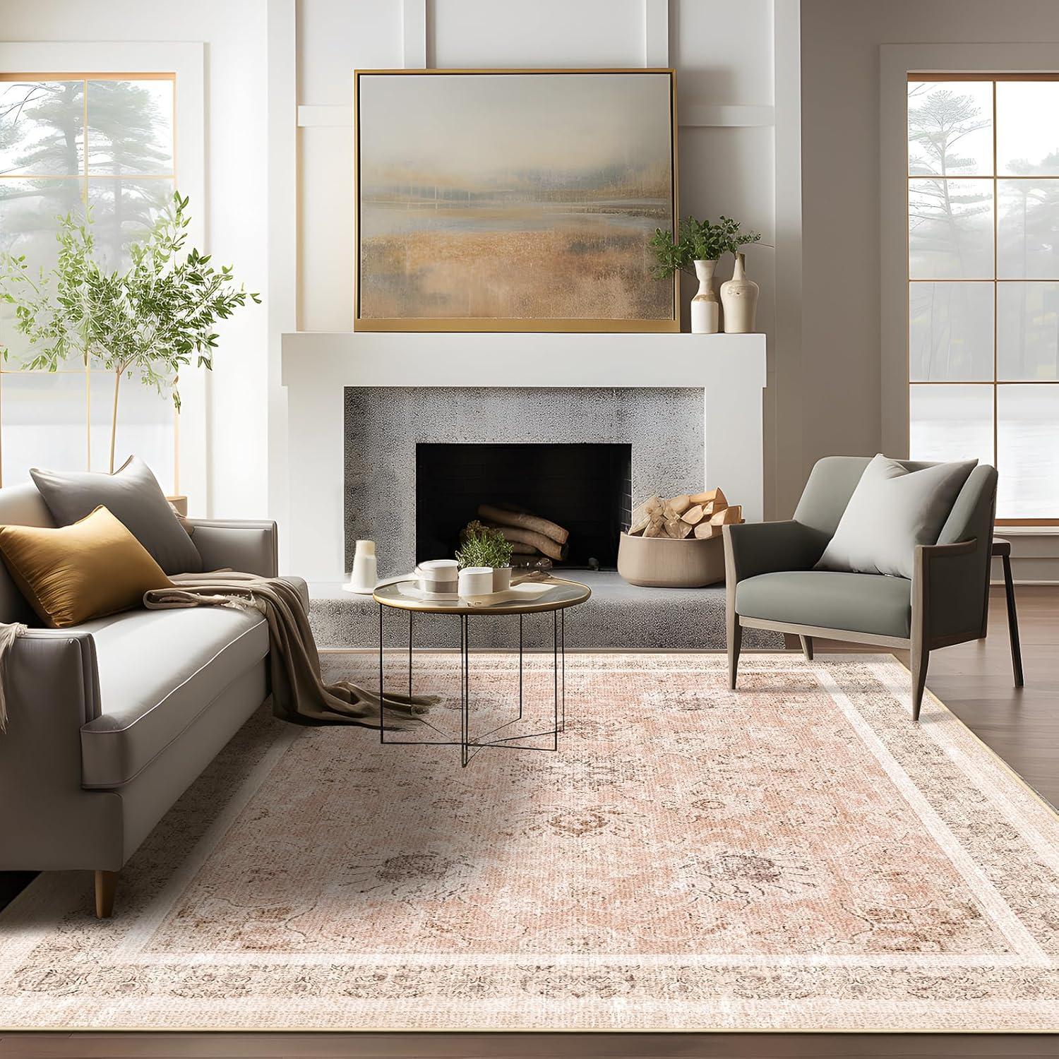 imagePhantoscope Vintage Collection Area Rug 6x9  Washable Rug Boho Rugs NonSlip for Living Room Bedroom Dining Room Dorm Indoor LowPile Carpet Distressed Accent Rug BlueWhiteSoft Pink  Beige