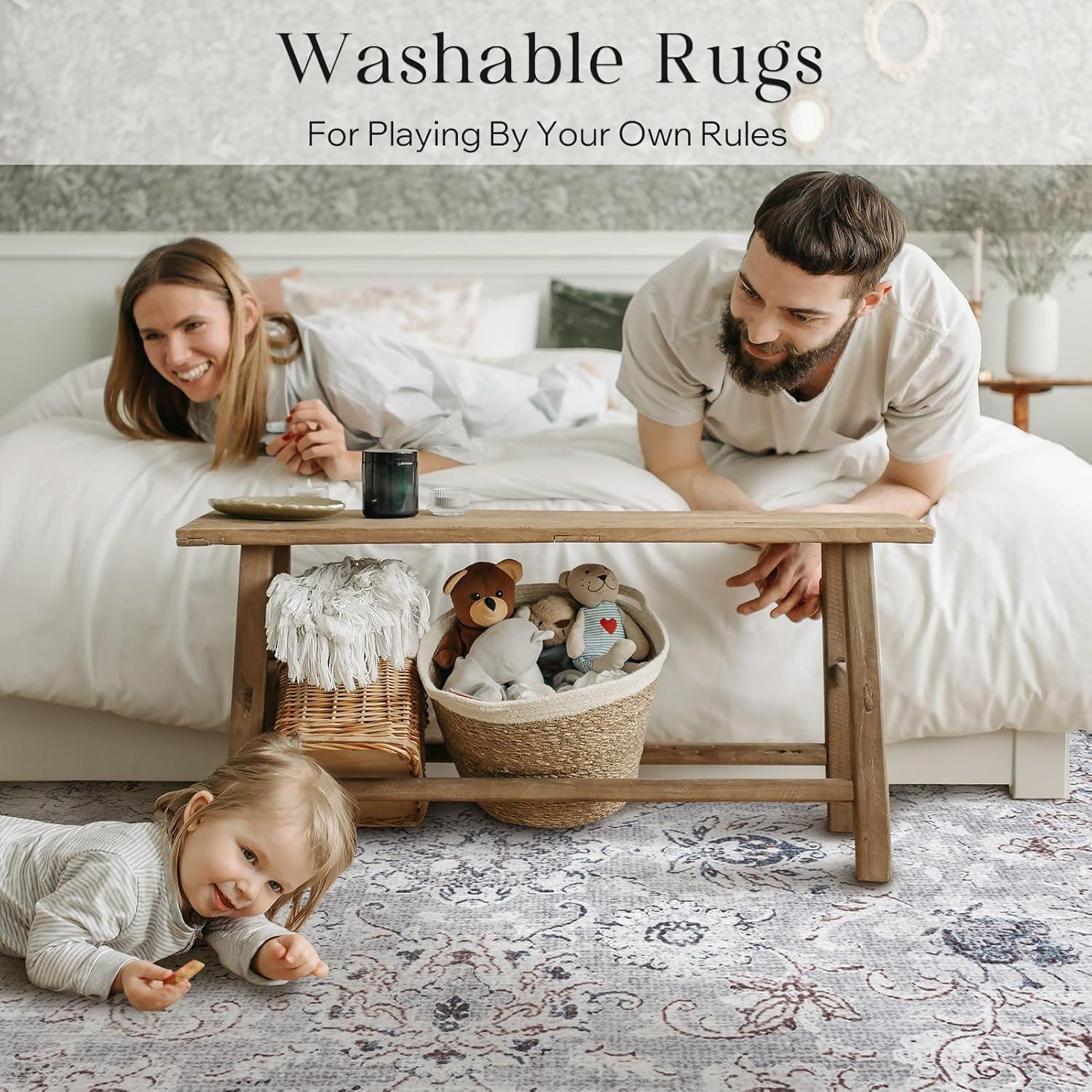 imagePhantoscope Vintage Collection Area Rug 6x9  Washable Rug Boho Rugs NonSlip for Living Room Bedroom Dining Room Dorm Indoor LowPile Carpet Distressed Accent Rug BlueWhiteLight GreyNeutral