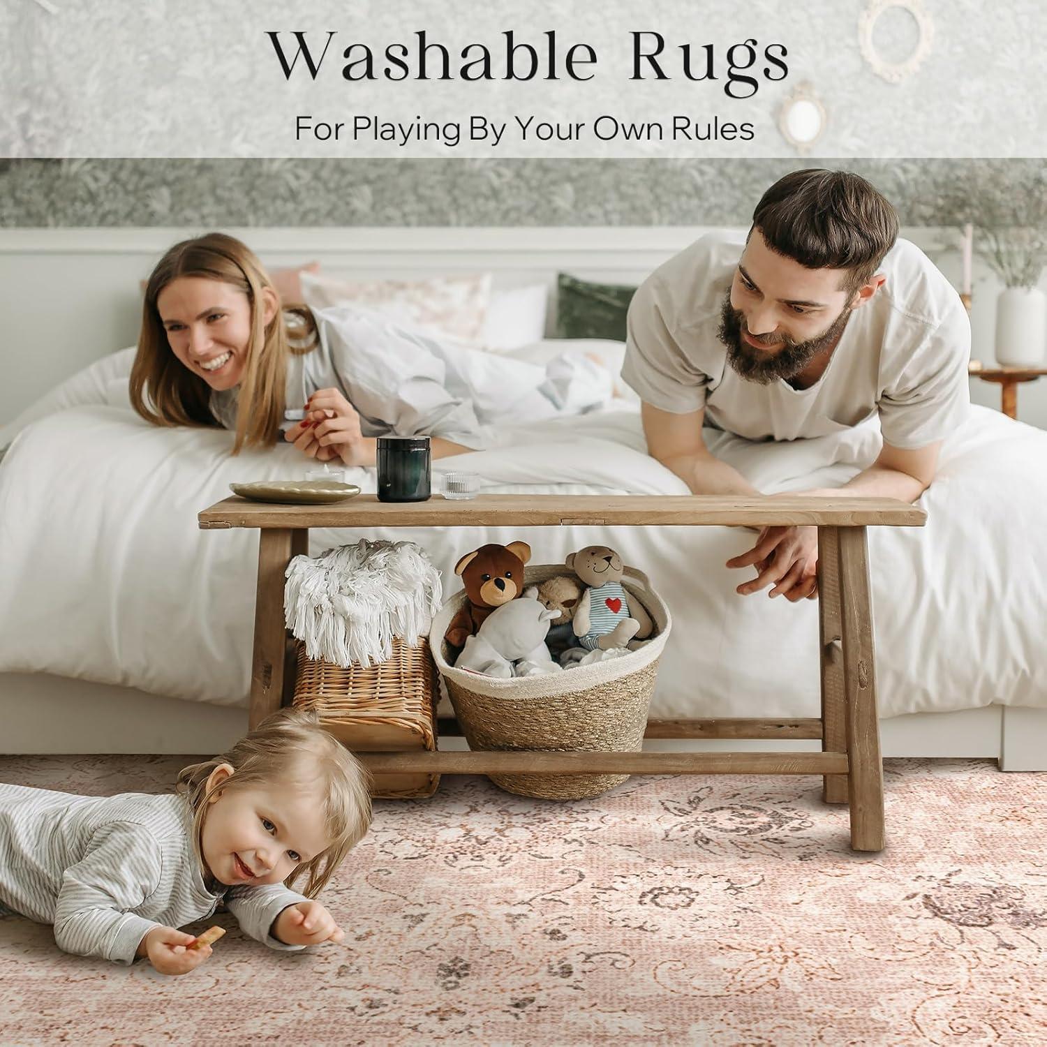imagePhantoscope Vintage Collection Area Rug 6x9  Washable Rug Boho Rugs NonSlip for Living Room Bedroom Dining Room Dorm Indoor LowPile Carpet Distressed Accent Rug BlueWhiteSoft Pink  Beige
