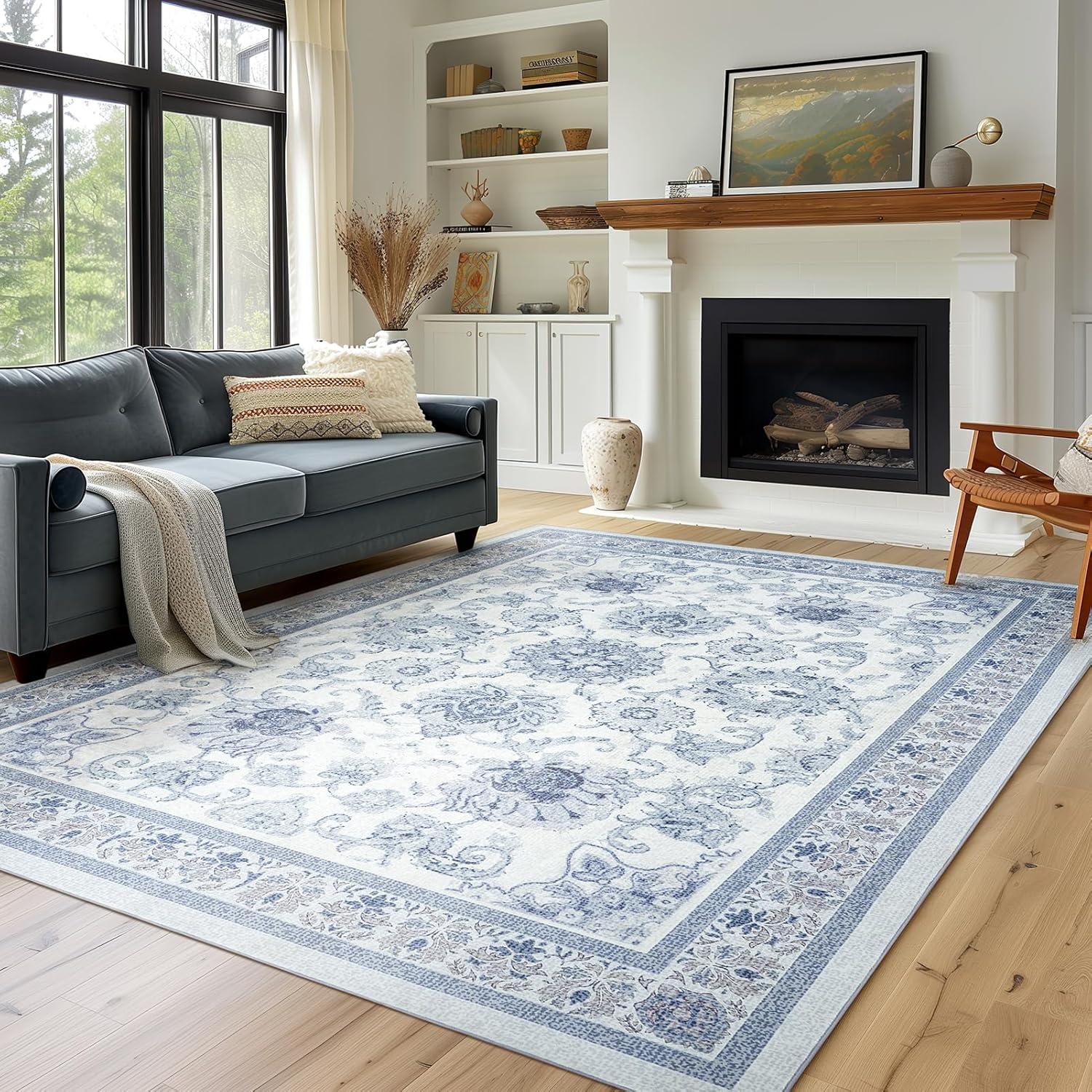 imagePhantoscope Vintage Collection Area Rug 6x9  Washable Rug Boho Rugs NonSlip for Living Room Bedroom Dining Room Dorm Indoor LowPile Carpet Distressed Accent Rug BlueWhiteBlueWhite