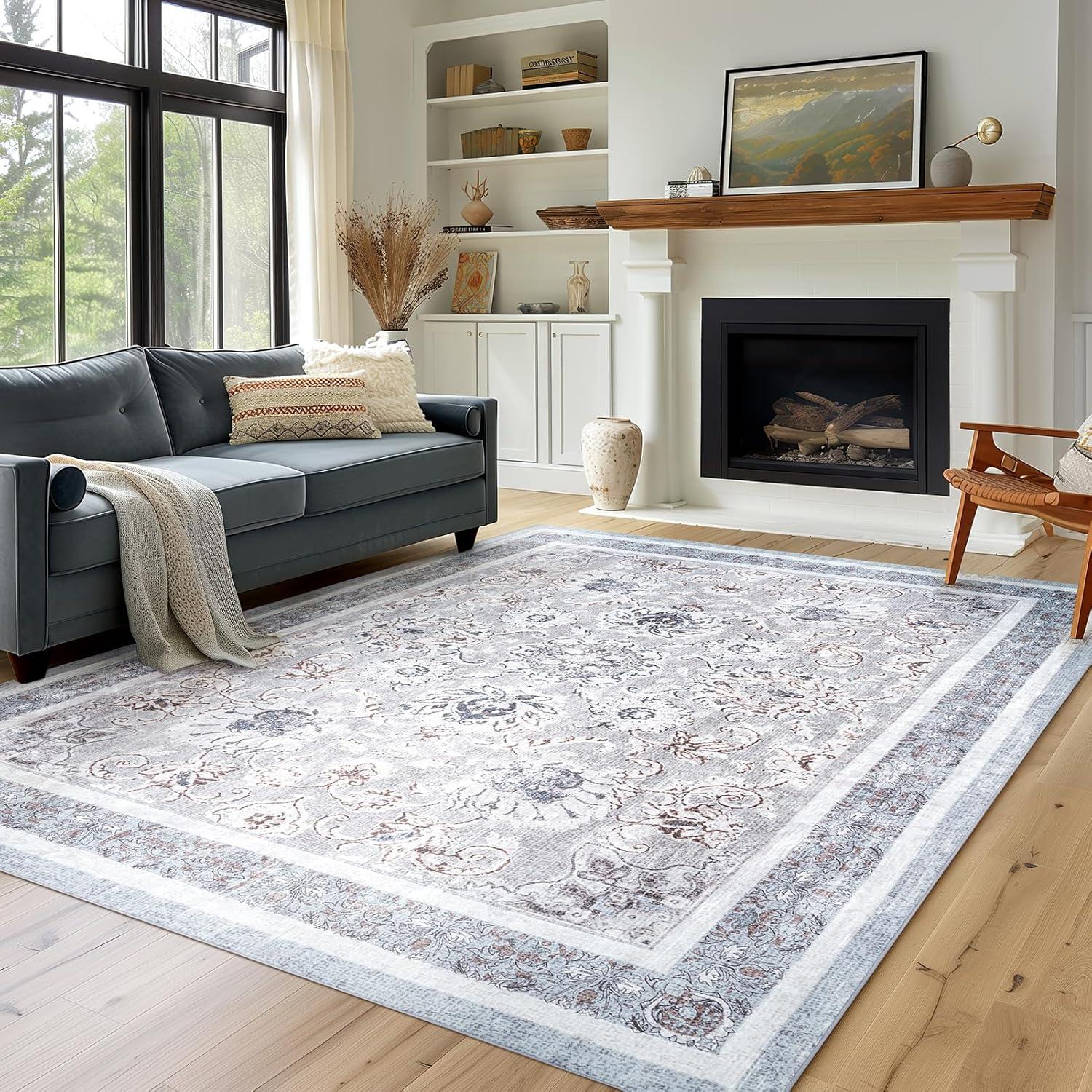 imagePhantoscope Vintage Collection Area Rug 6x9  Washable Rug Boho Rugs NonSlip for Living Room Bedroom Dining Room Dorm Indoor LowPile Carpet Distressed Accent Rug BlueWhiteLight GreyNeutral