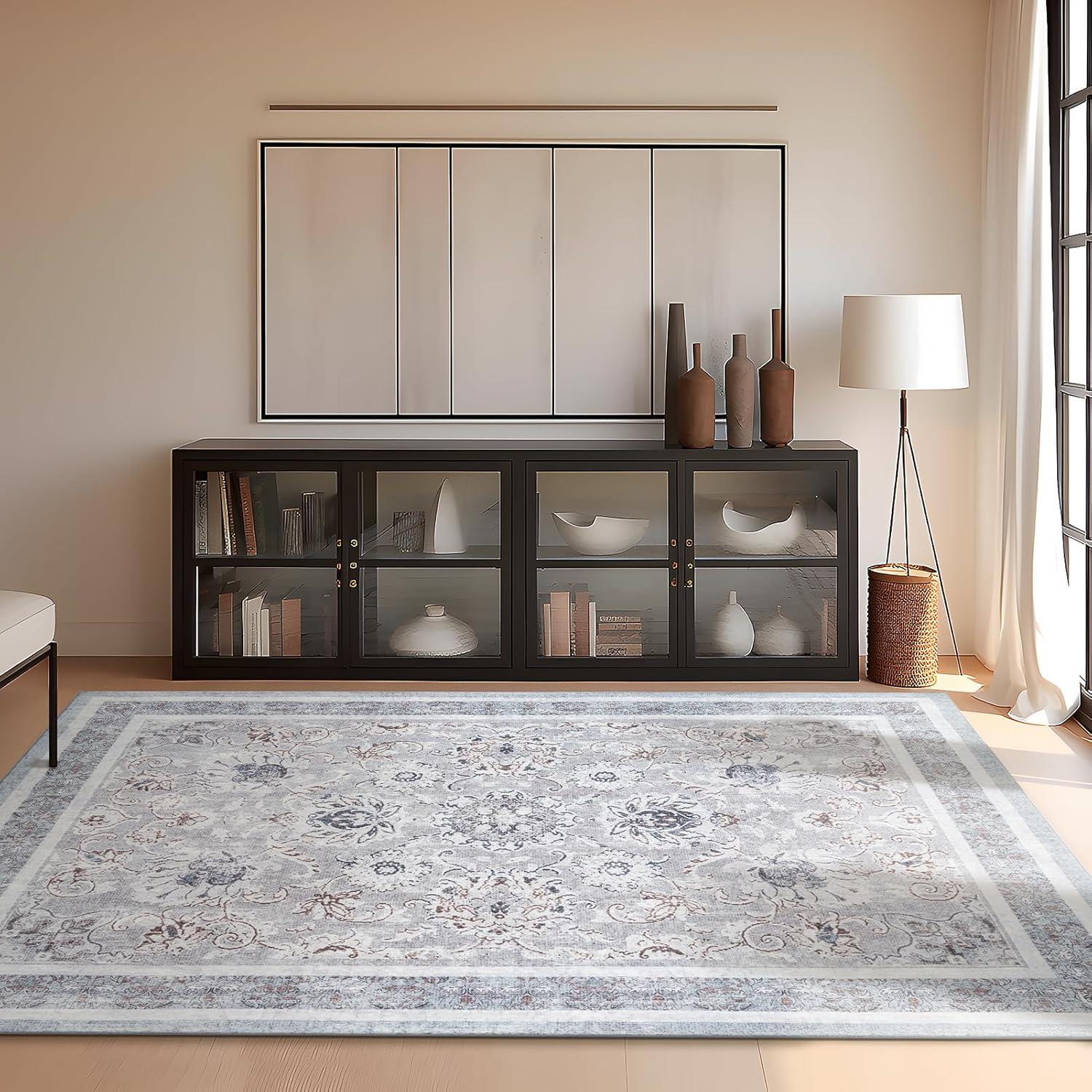 imagePhantoscope Vintage Collection Area Rug 6x9  Washable Rug Boho Rugs NonSlip for Living Room Bedroom Dining Room Dorm Indoor LowPile Carpet Distressed Accent Rug BlueWhiteLight GreyNeutral