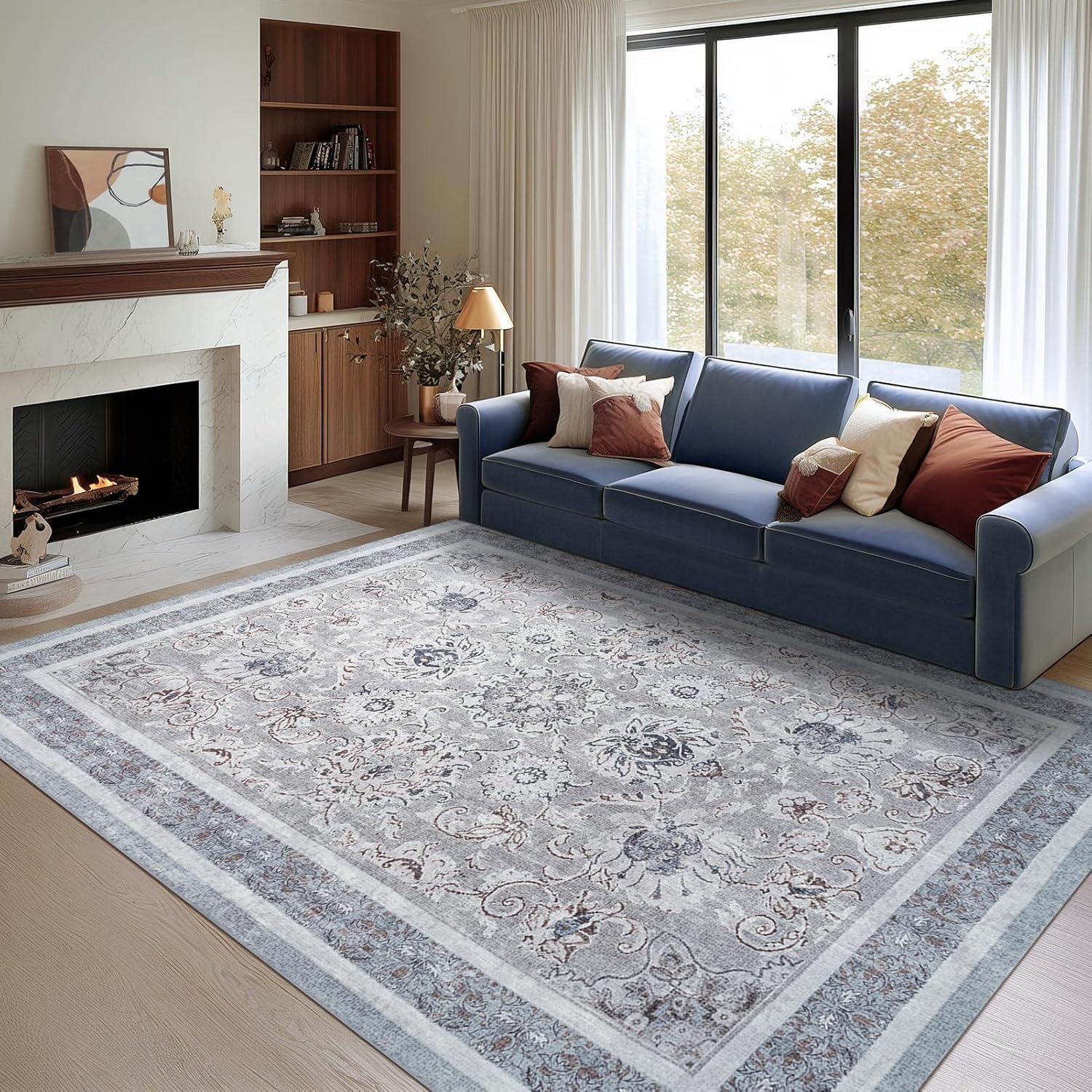 imagePhantoscope Vintage Collection Area Rug 6x9  Washable Rug Boho Rugs NonSlip for Living Room Bedroom Dining Room Dorm Indoor LowPile Carpet Distressed Accent Rug BlueWhiteLight GreyNeutral