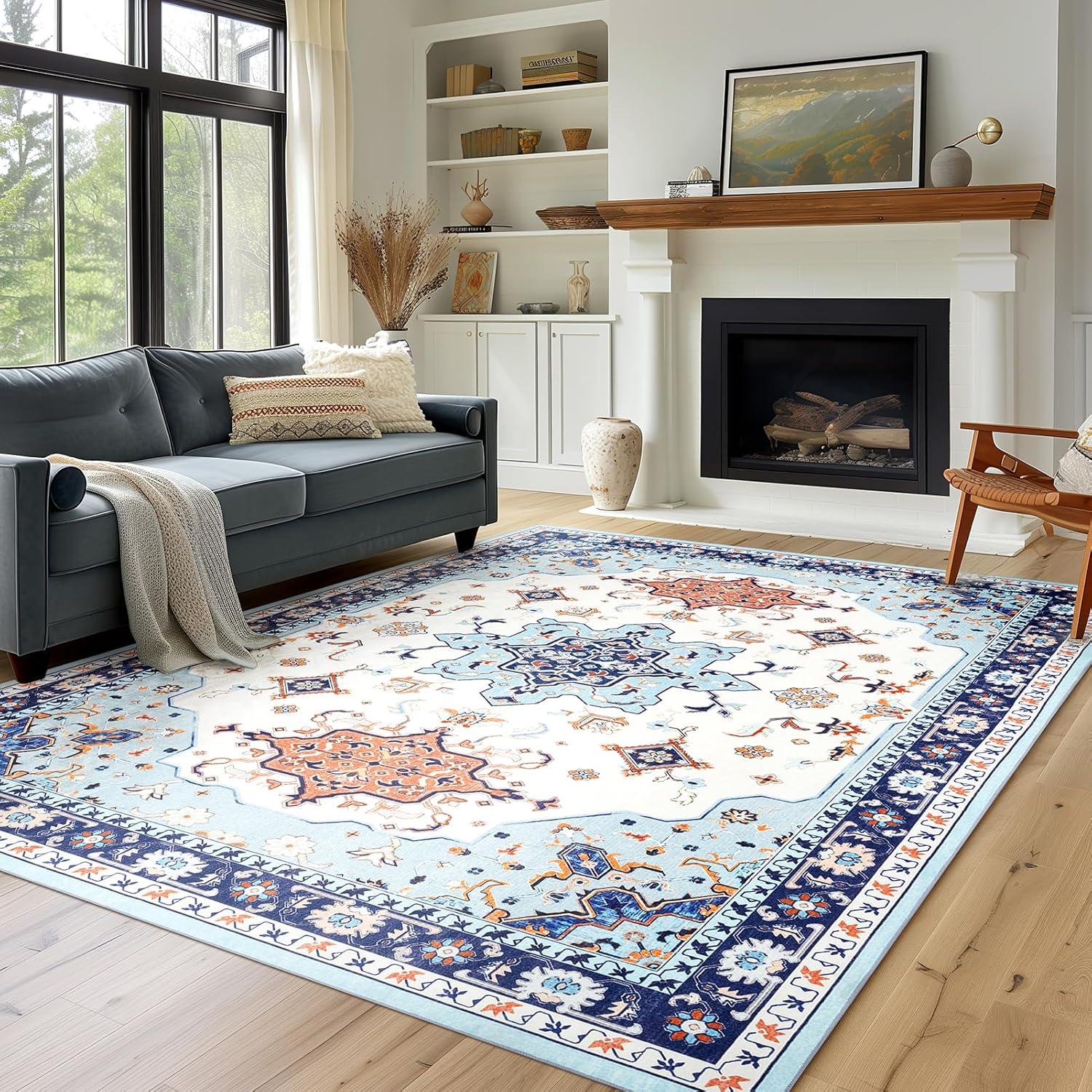 imagePhantoscope Vintage Collection Area Rug 6x9Washable Rug Boho RetroPatterned Rugs NonSlip for Living Room BedroomDining RoomDormIndoor LowPile Carpet Distressed Accent RugBlueOrangeCreamBlueOrangeCream