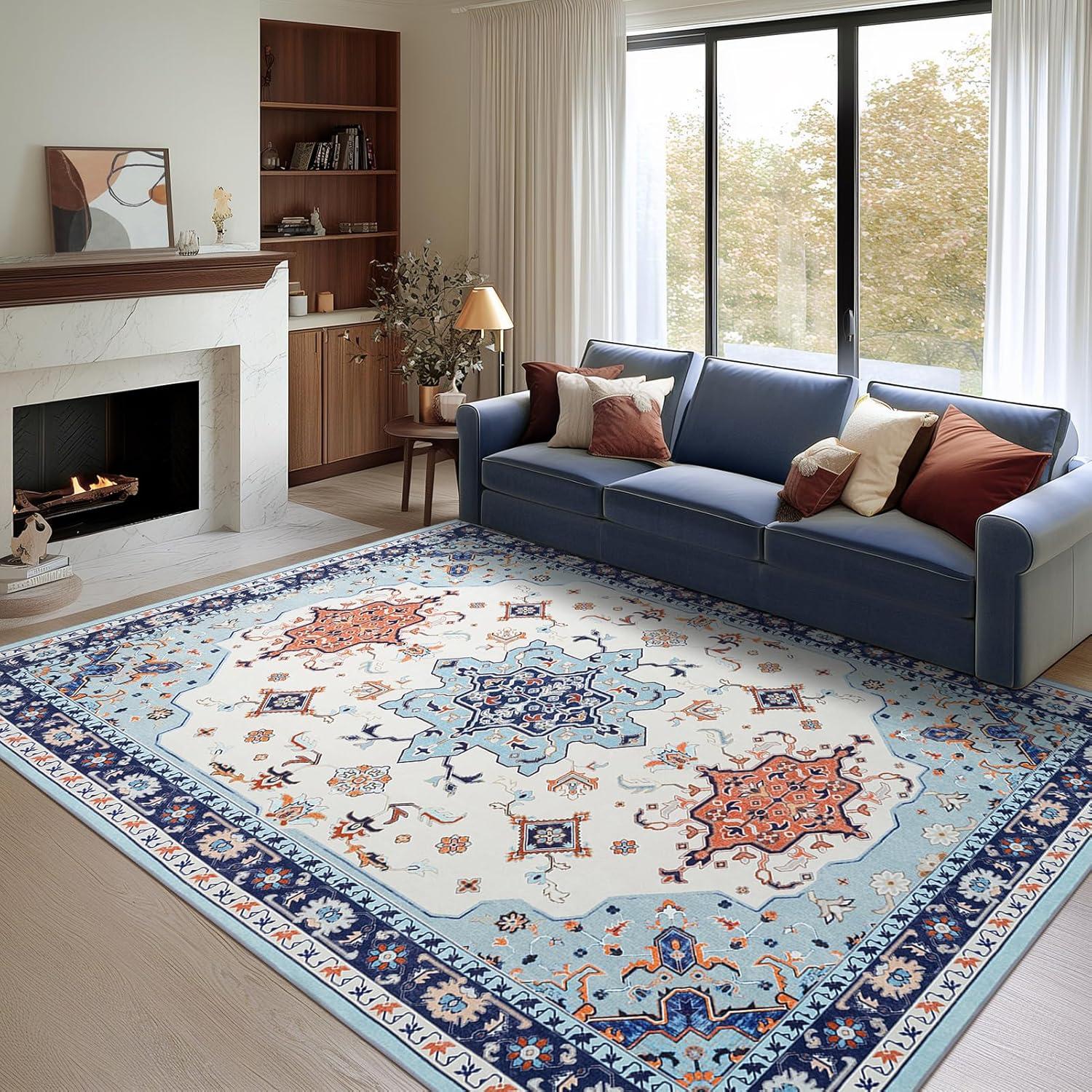 imagePhantoscope Vintage Collection Area Rug 6x9Washable Rug Boho RetroPatterned Rugs NonSlip for Living Room BedroomDining RoomDormIndoor LowPile Carpet Distressed Accent RugBlueOrangeCreamBlueOrangeCream