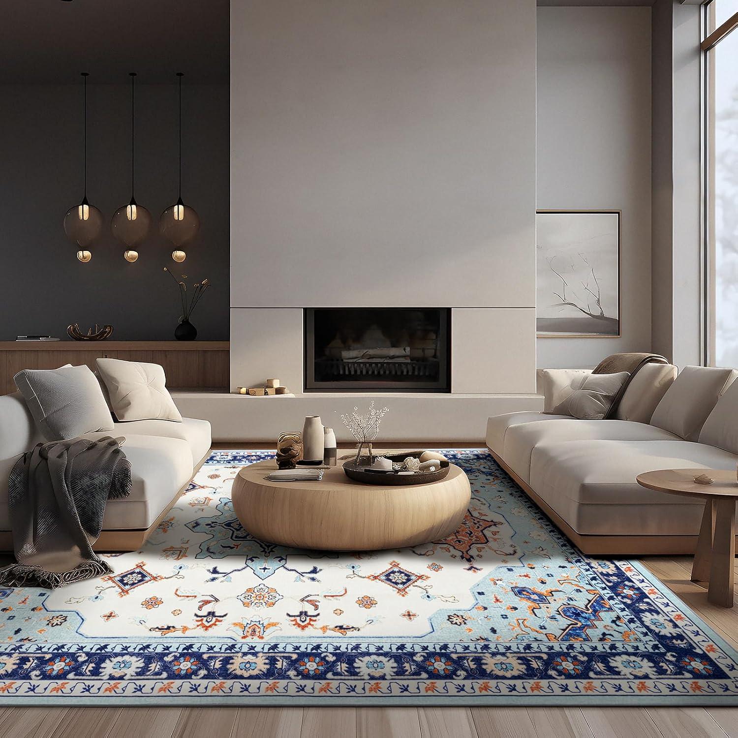imagePhantoscope Vintage Collection Area Rug 6x9Washable Rug Boho RetroPatterned Rugs NonSlip for Living Room BedroomDining RoomDormIndoor LowPile Carpet Distressed Accent RugBlueOrangeCreamBlueOrangeCream