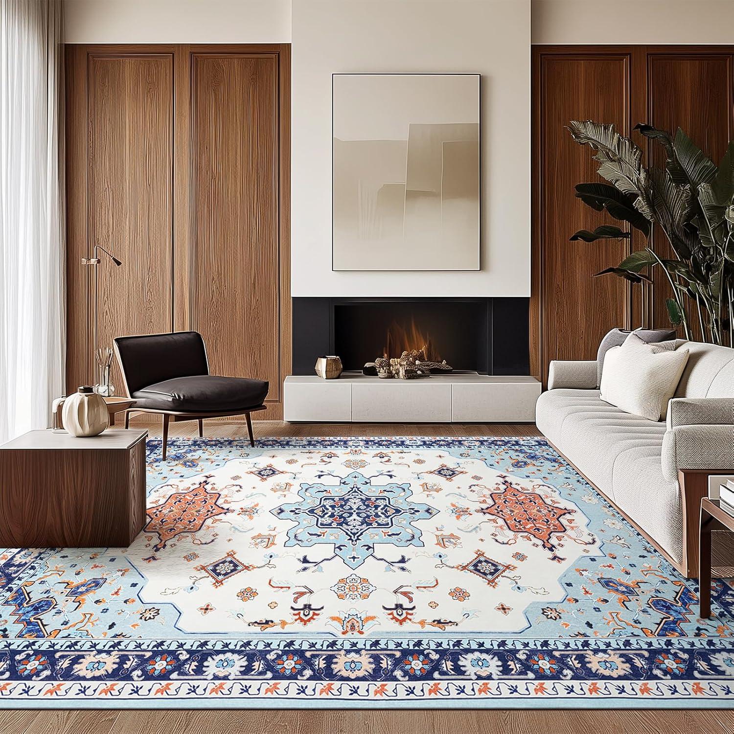 imagePhantoscope Vintage Collection Area Rug 6x9Washable Rug Boho RetroPatterned Rugs NonSlip for Living Room BedroomDining RoomDormIndoor LowPile Carpet Distressed Accent RugBlueOrangeCreamBlueOrangeCream