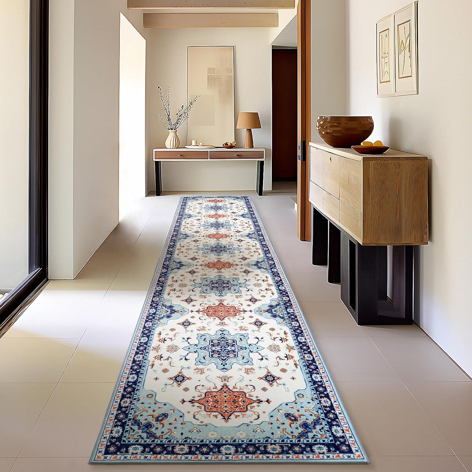 imagePhantoscope Vintage Collection Area Rug 6x9Washable Rug Boho RetroPatterned Rugs NonSlip for Living Room BedroomDining RoomDormIndoor LowPile Carpet Distressed Accent RugBlueOrangeCreamBlueOrangeCream
