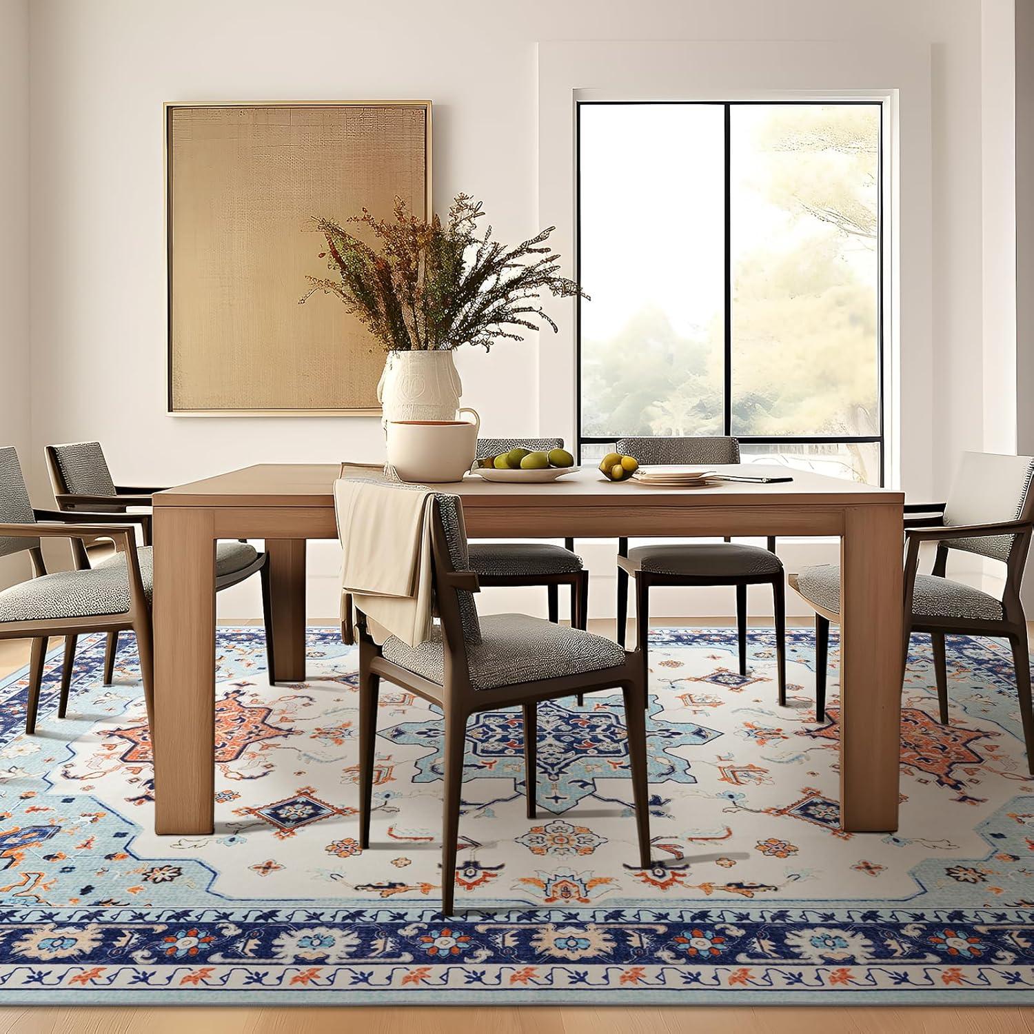 imagePhantoscope Vintage Collection Area Rug 6x9Washable Rug Boho RetroPatterned Rugs NonSlip for Living Room BedroomDining RoomDormIndoor LowPile Carpet Distressed Accent RugBlueOrangeCreamBlueOrangeCream