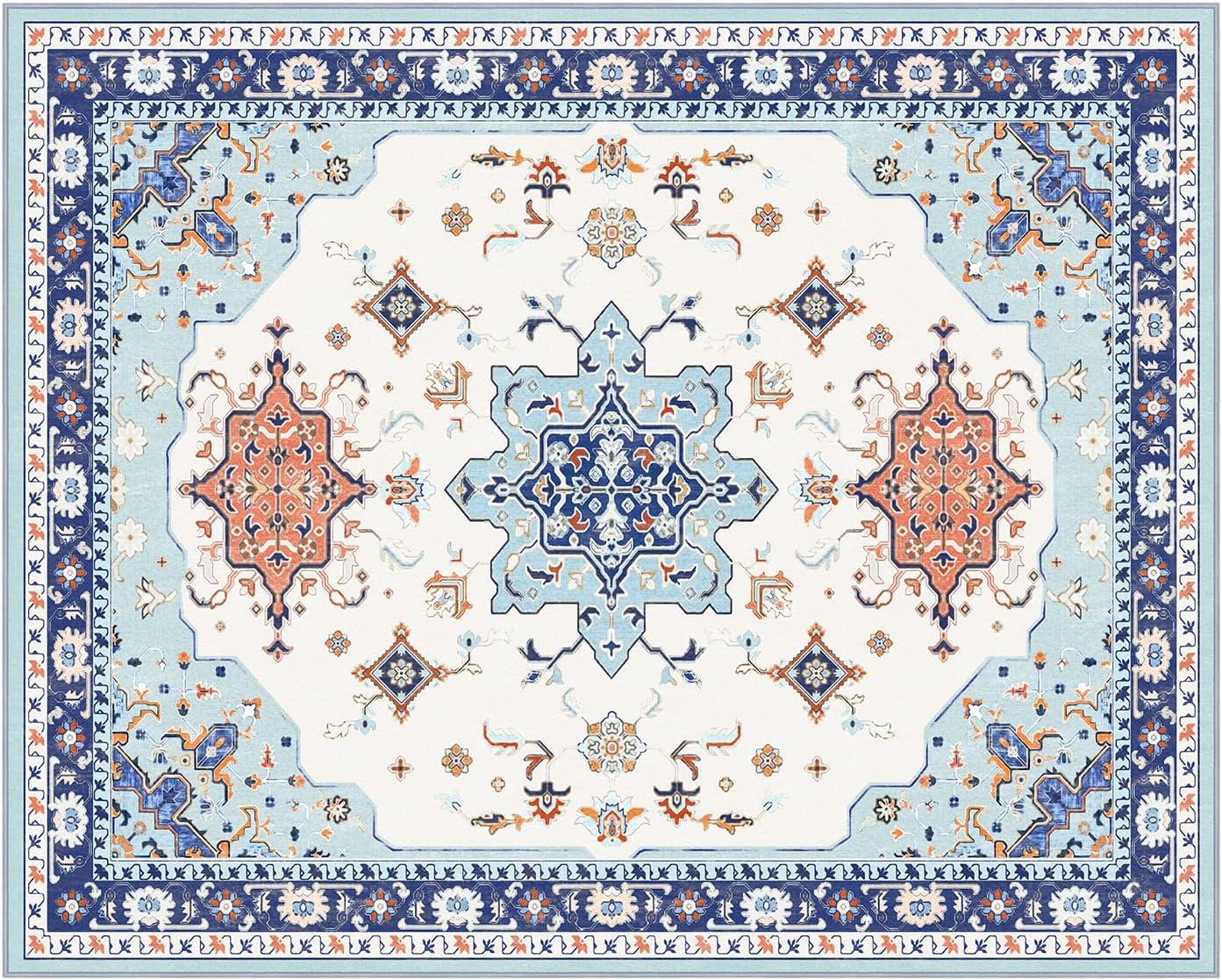 imagePhantoscope Vintage Collection Area Rug 6x9Washable Rug Boho RetroPatterned Rugs NonSlip for Living Room BedroomDining RoomDormIndoor LowPile Carpet Distressed Accent RugBlueOrangeCreamBlueOrangeCream