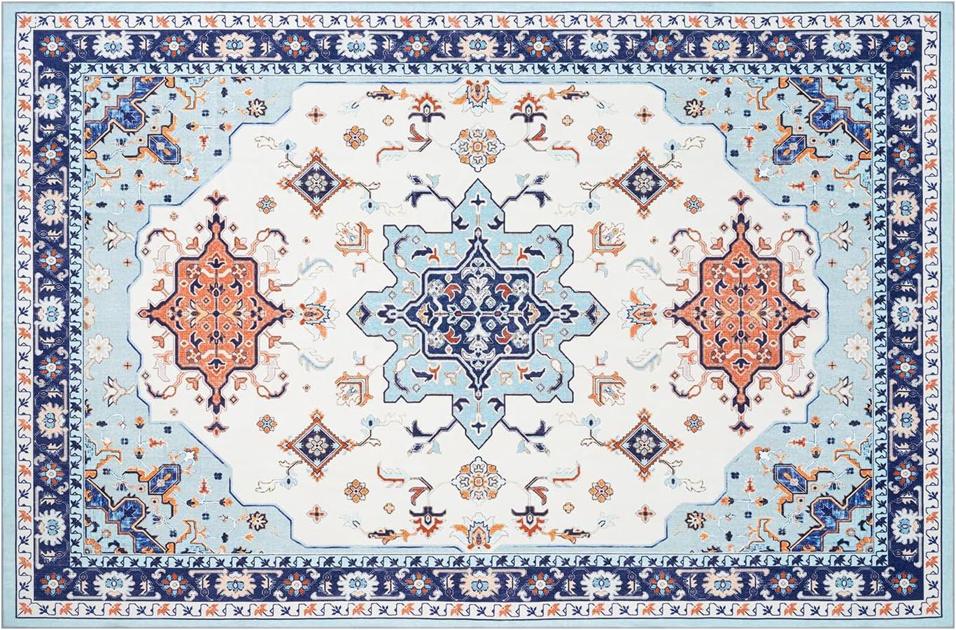 imagePhantoscope Vintage Collection Area Rug 6x9Washable Rug Boho RetroPatterned Rugs NonSlip for Living Room BedroomDining RoomDormIndoor LowPile Carpet Distressed Accent RugBlueOrangeCreamBlueOrangeCream