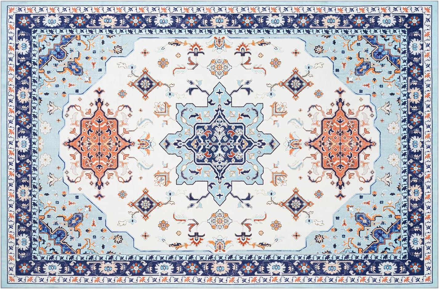 imagePhantoscope Vintage Collection Area Rug 6x9Washable Rug Boho RetroPatterned Rugs NonSlip for Living Room BedroomDining RoomDormIndoor LowPile Carpet Distressed Accent RugBlueOrangeCreamBlueOrangeCream