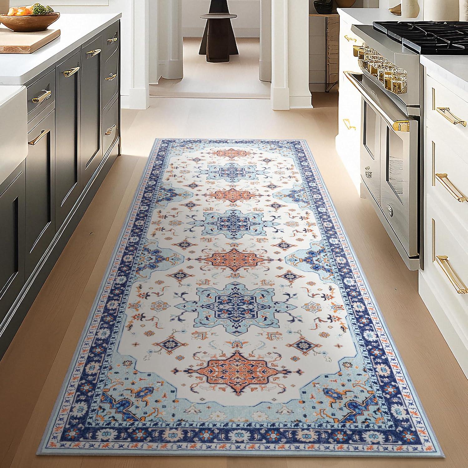 imagePhantoscope Vintage Collection Area Rug 6x9Washable Rug Boho RetroPatterned Rugs NonSlip for Living Room BedroomDining RoomDormIndoor LowPile Carpet Distressed Accent RugBlueOrangeCreamBlueOrangeCream