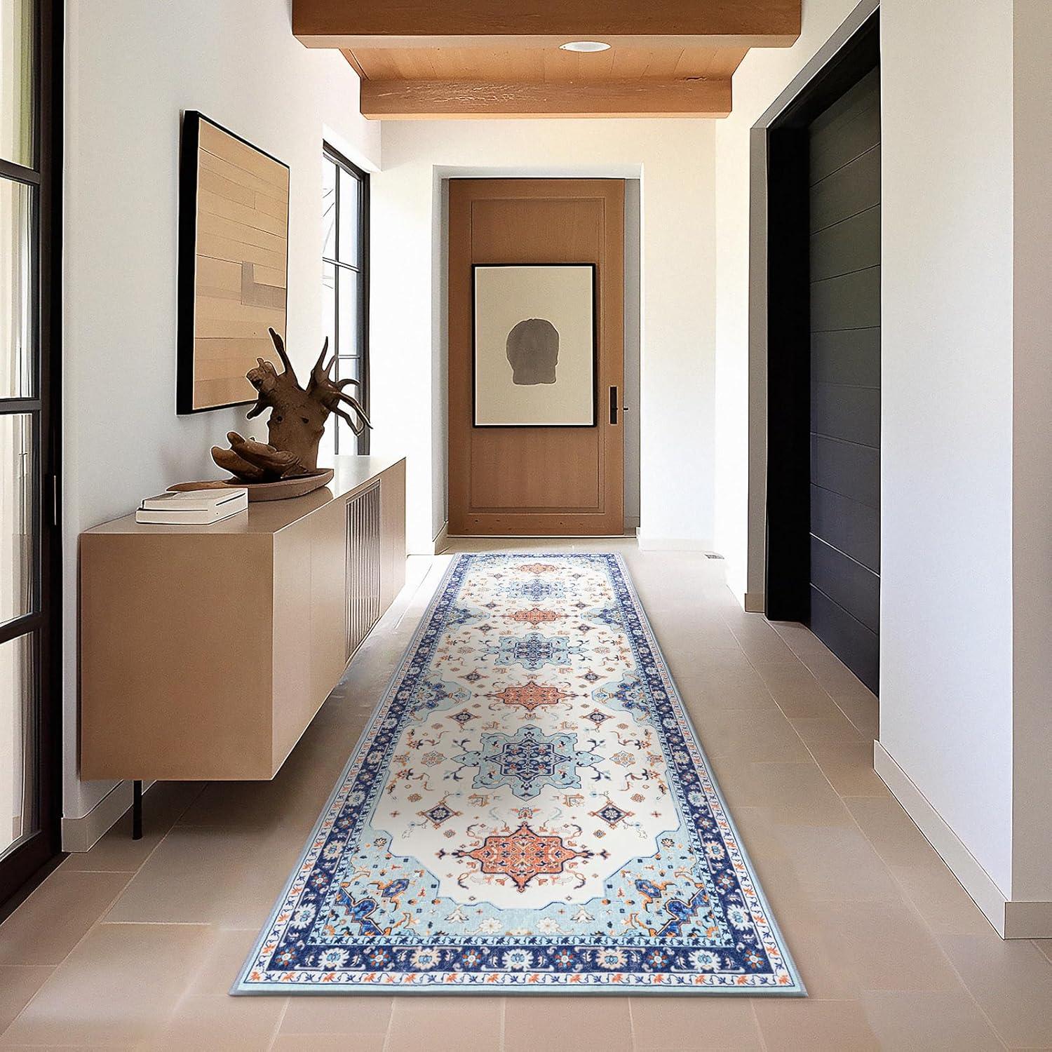 imagePhantoscope Vintage Collection Area Rug 6x9Washable Rug Boho RetroPatterned Rugs NonSlip for Living Room BedroomDining RoomDormIndoor LowPile Carpet Distressed Accent RugBlueOrangeCreamBlueOrangeCream