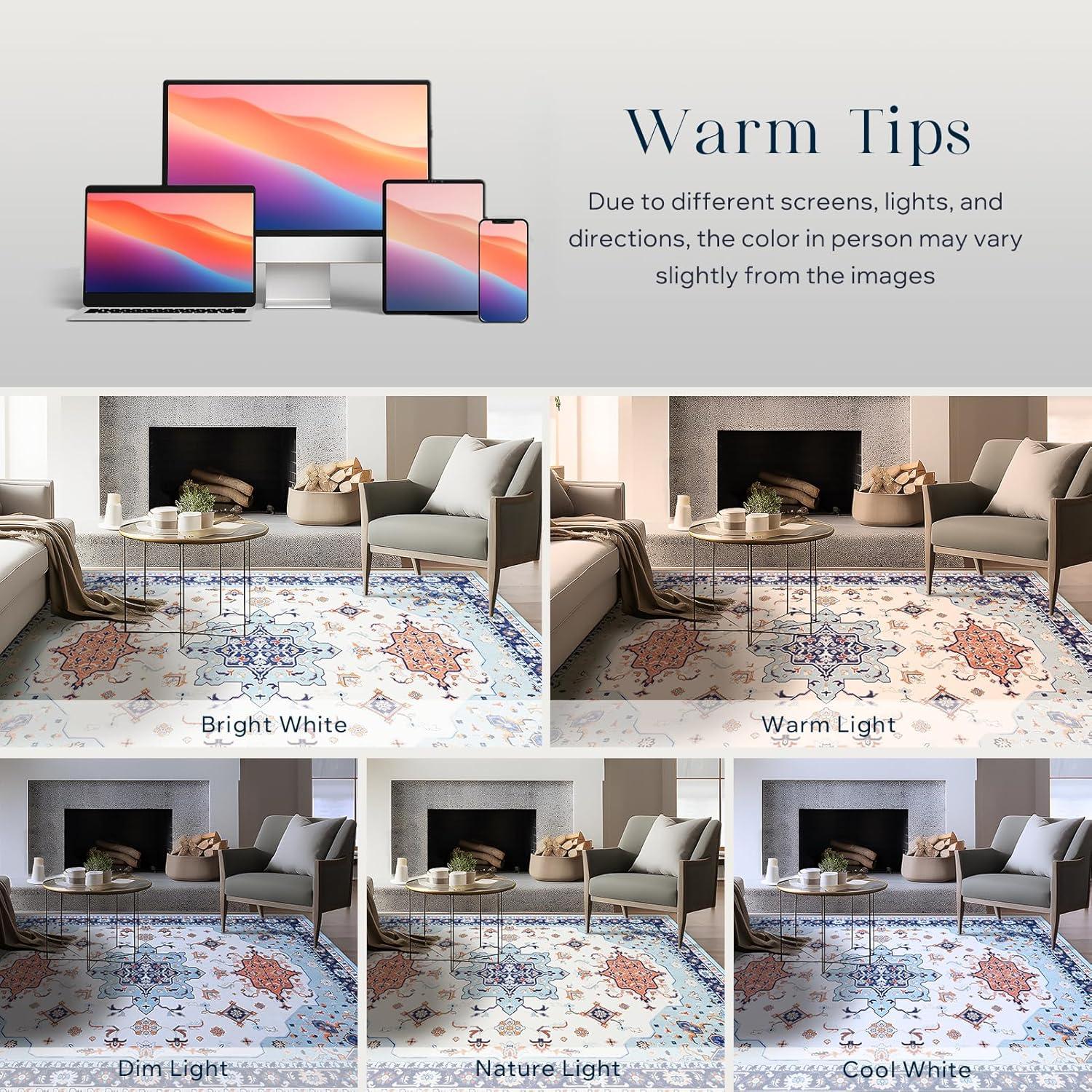 imagePhantoscope Vintage Collection Area Rug 6x9Washable Rug Boho RetroPatterned Rugs NonSlip for Living Room BedroomDining RoomDormIndoor LowPile Carpet Distressed Accent RugBlueOrangeCreamBlueOrangeCream