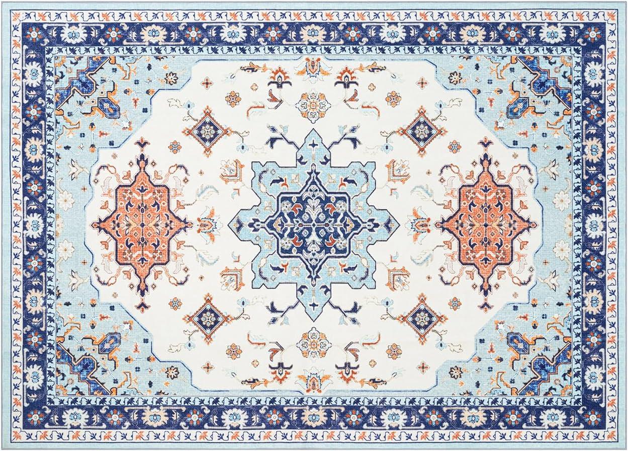 imagePhantoscope Vintage Collection Area Rug 6x9Washable Rug Boho RetroPatterned Rugs NonSlip for Living Room BedroomDining RoomDormIndoor LowPile Carpet Distressed Accent RugBlueOrangeCreamBlueOrangeCream