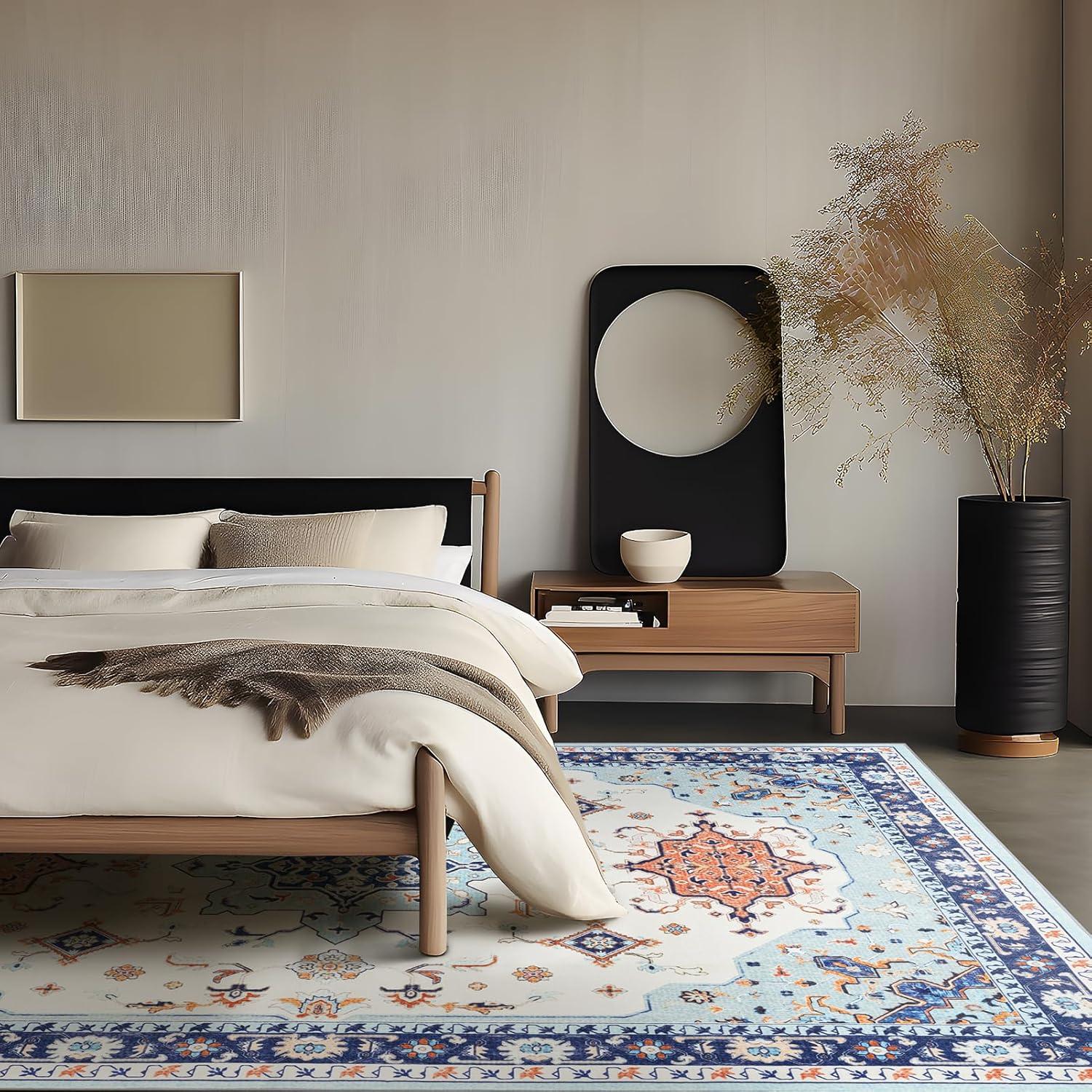 imagePhantoscope Vintage Collection Area Rug 6x9Washable Rug Boho RetroPatterned Rugs NonSlip for Living Room BedroomDining RoomDormIndoor LowPile Carpet Distressed Accent RugBlueOrangeCreamBlueOrangeCream