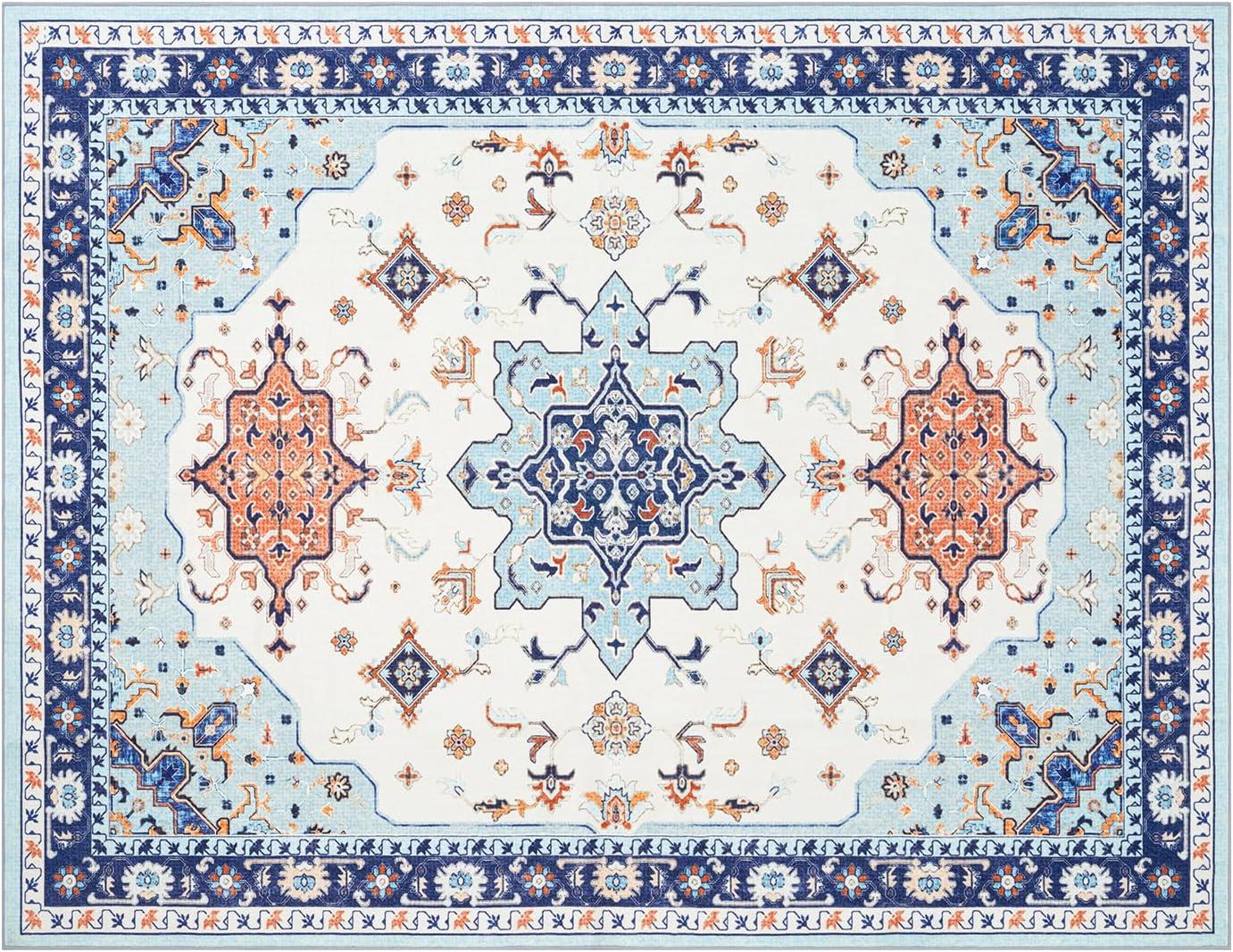 imagePhantoscope Vintage Collection Area Rug 6x9Washable Rug Boho RetroPatterned Rugs NonSlip for Living Room BedroomDining RoomDormIndoor LowPile Carpet Distressed Accent RugBlueOrangeCreamBlueOrangeCream