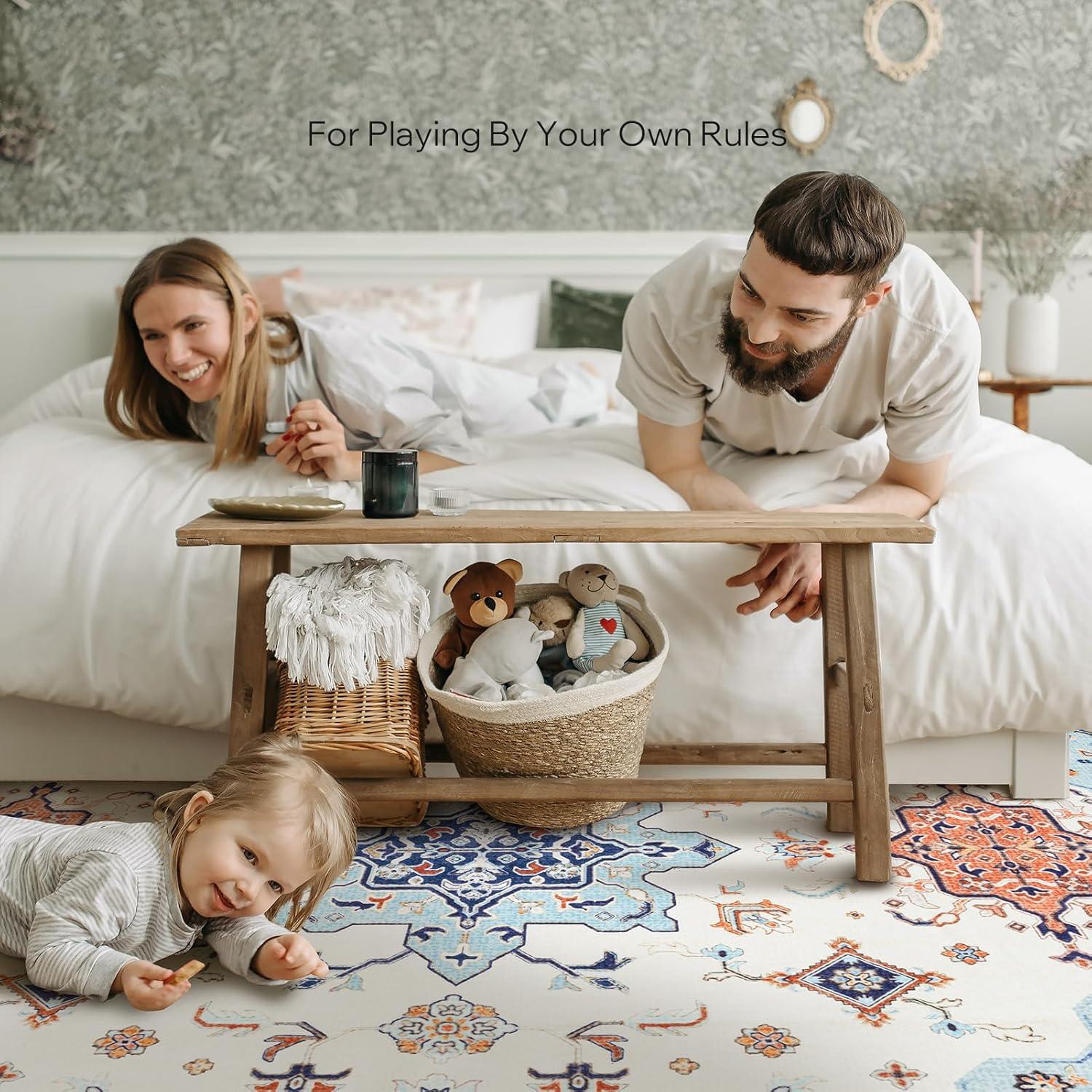 imagePhantoscope Vintage Collection Area Rug 6x9Washable Rug Boho RetroPatterned Rugs NonSlip for Living Room BedroomDining RoomDormIndoor LowPile Carpet Distressed Accent RugBlueOrangeCreamBlueOrangeCream