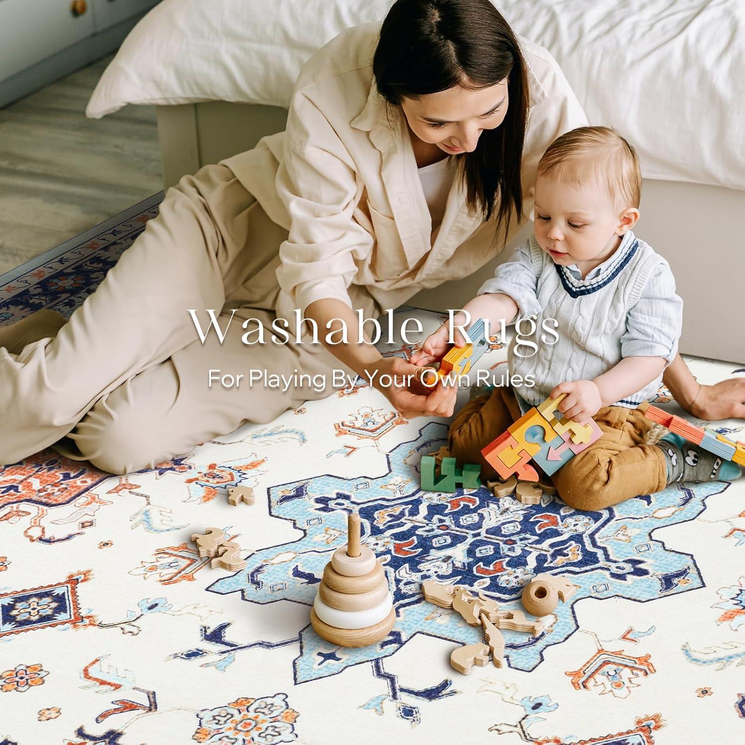 imagePhantoscope Vintage Collection Area Rug 6x9Washable Rug Boho RetroPatterned Rugs NonSlip for Living Room BedroomDining RoomDormIndoor LowPile Carpet Distressed Accent RugBlueOrangeCreamBlueOrangeCream