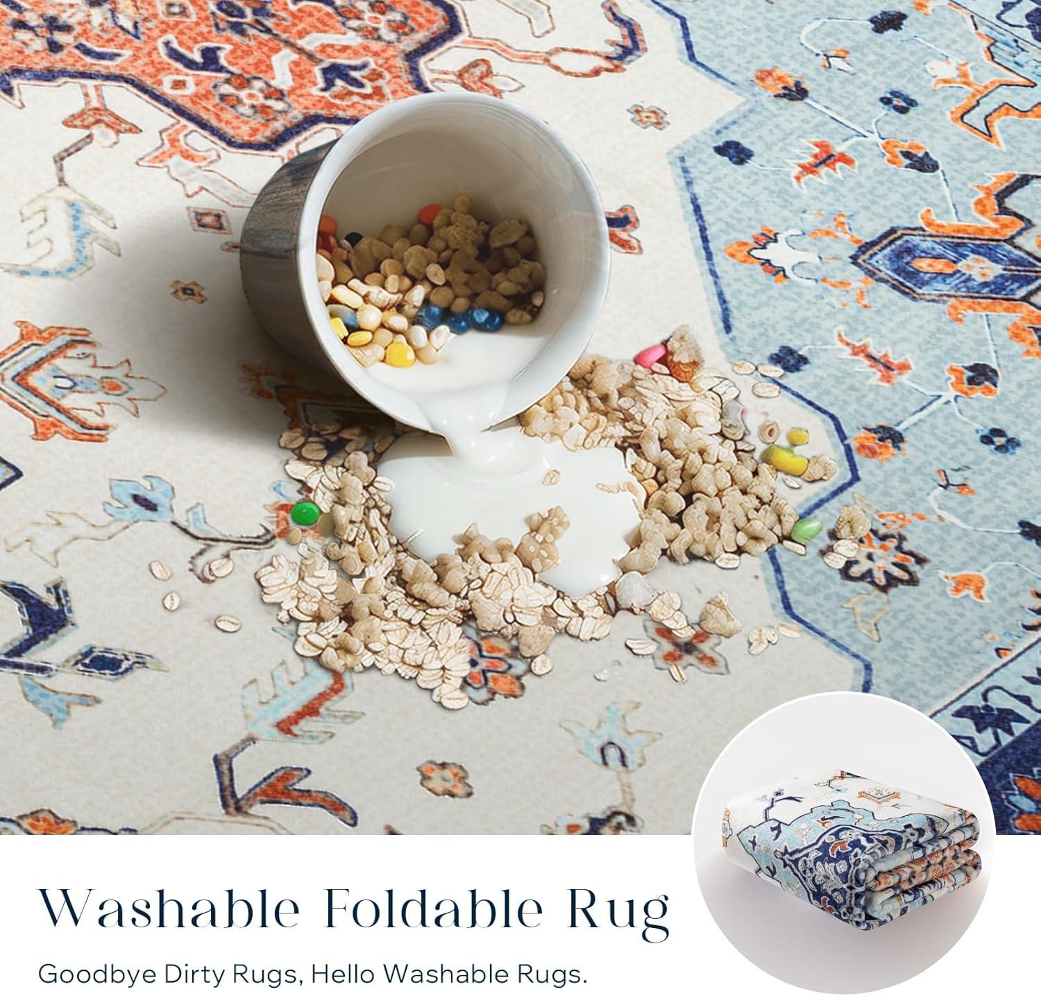 imagePhantoscope Vintage Collection Area Rug 6x9Washable Rug Boho RetroPatterned Rugs NonSlip for Living Room BedroomDining RoomDormIndoor LowPile Carpet Distressed Accent RugBlueOrangeCreamBlueOrangeCream