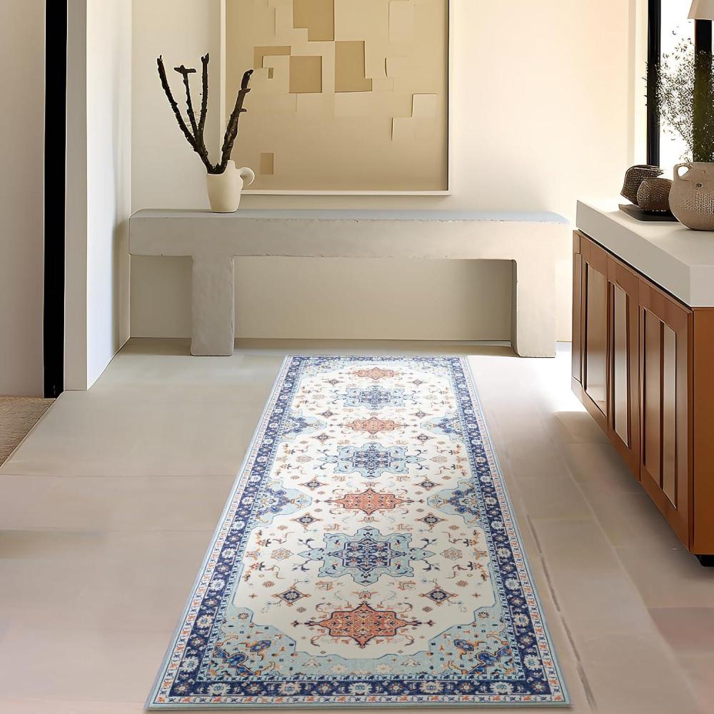 imagePhantoscope Vintage Collection Area Rug 6x9Washable Rug Boho RetroPatterned Rugs NonSlip for Living Room BedroomDining RoomDormIndoor LowPile Carpet Distressed Accent RugBlueOrangeCreamBlueOrangeCream
