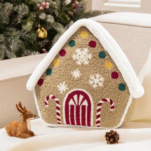 imagePhantoscope Gingerbread Series House Merry Christmas Throw Pillow Plush Faux Rabbit Fur Roof Embroidered Teddy Sherpa Gingerbread House With Color Light Xmas Decorative Shaped Pillow Beige 12x13 inBeige