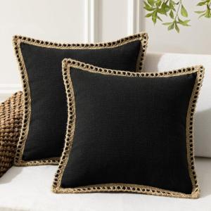 imagePhantoscope Pack of 2 Farmhouse Decorative Throw Decorative Pillow Cover Burlap Linen Trimmed Tailored Edges Sage Green 18 x 18 inches 45 x 45 cmBlack