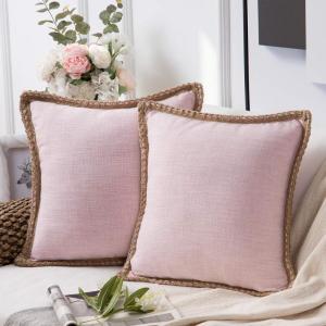 imagePhantoscope Pack of 2 Farmhouse Decorative Throw Decorative Pillow Cover Burlap Linen Trimmed Tailored Edges Sage Green 18 x 18 inches 45 x 45 cmBlush Pink