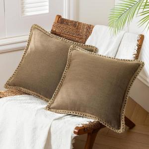 imagePhantoscope Pack of 2 Farmhouse Decorative Throw Decorative Pillow Cover Burlap Linen Trimmed Tailored Edges Sage Green 18 x 18 inches 45 x 45 cmCoffee