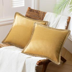 imagePhantoscope Pack of 2 Farmhouse Decorative Throw Decorative Pillow Cover Burlap Linen Trimmed Tailored Edges Sage Green 18 x 18 inches 45 x 45 cmMustard Yellow
