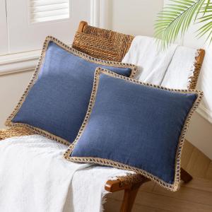 imagePhantoscope Pack of 2 Farmhouse Decorative Throw Decorative Pillow Cover Burlap Linen Trimmed Tailored Edges Sage Green 18 x 18 inches 45 x 45 cmNavy Blue