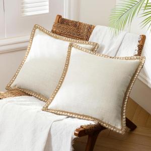 imagePhantoscope Pack of 2 Farmhouse Decorative Throw Decorative Pillow Cover Burlap Linen Trimmed Tailored Edges Sage Green 18 x 18 inches 45 x 45 cmOff White