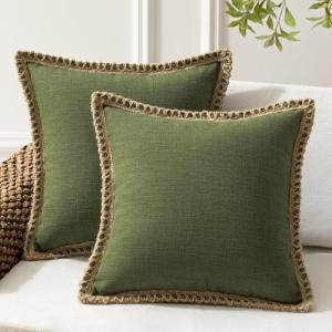 imagePhantoscope Pack of 2 Farmhouse Decorative Throw Decorative Pillow Cover Burlap Linen Trimmed Tailored Edges Sage Green 18 x 18 inches 45 x 45 cmOlive Green