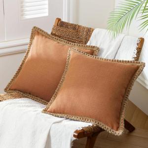 imagePhantoscope Pack of 2 Farmhouse Decorative Throw Decorative Pillow Cover Burlap Linen Trimmed Tailored Edges Sage Green 18 x 18 inches 45 x 45 cmOrange