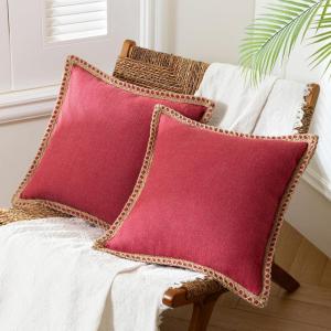imagePhantoscope Pack of 2 Farmhouse Decorative Throw Decorative Pillow Cover Burlap Linen Trimmed Tailored Edges Sage Green 18 x 18 inches 45 x 45 cmRed