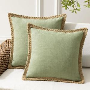 imagePhantoscope Pack of 2 Farmhouse Decorative Throw Decorative Pillow Cover Burlap Linen Trimmed Tailored Edges Sage Green 18 x 18 inches 45 x 45 cmSage Green