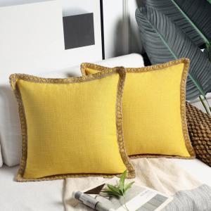 imagePhantoscope Pack of 2 Farmhouse Decorative Throw Decorative Pillow Cover Burlap Linen Trimmed Tailored Edges Sage Green 18 x 18 inches 45 x 45 cmYellow