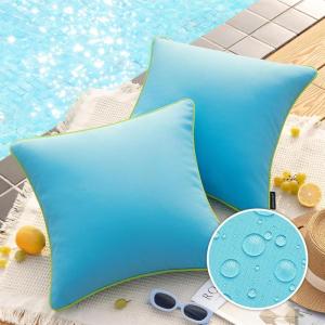 imagePhantoscope Pack of 2 Outdoor Waterproof Throw Pillow Covers with Contrast Piping Decorative Square Cushion Case Patio Pillows for Couch Tent Sunbrella Sage Green 18x18 inchesSky Blue