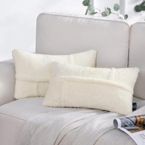 imagePhantoscope Pack of 2 Sherpa Throw Decorative Pillow Cover GeometricPattern Faux Fur Fluffy Cushion Cases Soft Pillow Cases for BedroomCouchNavy Blue 12 x 20 InchesOffwhite