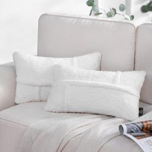imagePhantoscope Pack of 2 Sherpa Throw Decorative Pillow Cover GeometricPattern Faux Fur Fluffy Cushion Cases Soft Pillow Cases for BedroomCouchNavy Blue 12 x 20 InchesWhite